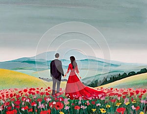 Romantic couple in the flowers field landscape watercolor painting