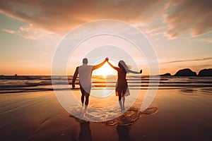 Romantic couple holding hands on the beach at beautiful sunset.