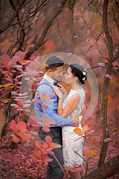 Romantic couple hugging in autumn park. Happy bride and groom in forest, outdoors
