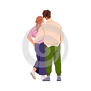 Romantic couple hugging from behind, back view. Young man and woman standing, embracing. People in love, two valentines