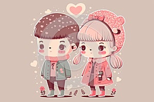 romantic couple in kawaii style, flat valentine\'s day background