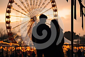 Romantic couple kissing in front of seaside pier Ferris wheel at sunset. Generative AI
