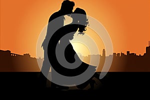 Romantic Couple Kissing Silhouettes at Vibrant Sunset against the backdrop of the city