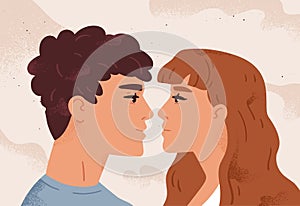Romantic couple in love looking at each other. Portrait of enamored characters. Cute young man and woman together