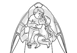 Romantic couple lying in a boat. Vector outline hand drawn boy and girl in love. Coloring book page.