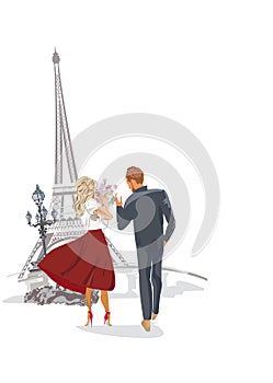 Romantic couple, man and woman with flowers, on the background with the Eiffel tower.