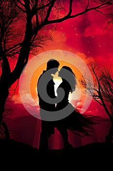 romantic couple of man and woman kissing and hugging at sunset illustration, romance silhouette