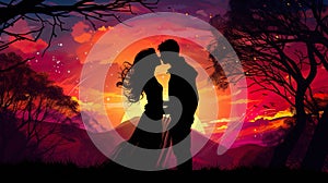 romantic couple of man and woman kissing and hugging at sunset illustration, romance silhouette
