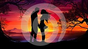 romantic couple of man and woman kissing and hugging at sunset illustration, romance silhouette