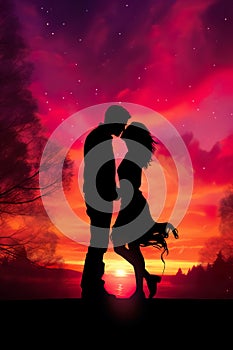 romantic couple of man and woman kissing and hugging at sunset illustration, romance silhouette