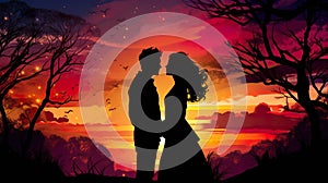 romantic couple of man and woman kissing and hugging at sunset illustration, romance silhouette