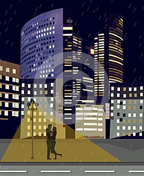 Romantic couple at night city business center Vector. La Defense Business center in Paris France. Beautiful illuminated