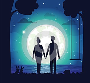 Romantic Couple at Night, Dating People and Moon