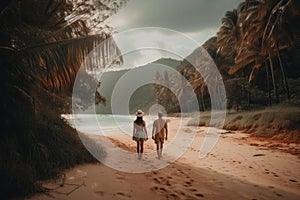 romantic couple seen from behind . Tropical beach. ai generative