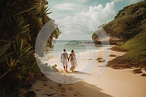 romantic couple seen from behind . Tropical beach. ai generative