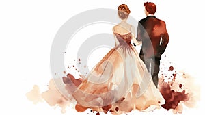Watercolor couple silhouette against sunset, romantic wedding concept