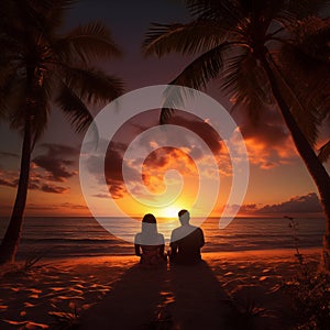 Romantic couple sitting on beach at sunset