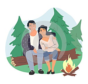 Romantic couple sitting by the fire in forest, flat vector illustration. Happy tourist people going camping, hiking.