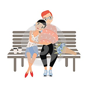 Romantic couple sitting together on bench isolated on white background. Young stylish man and woman in love. Hipster boy