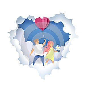 Romantic couple, vector illustration in paper art craft style