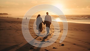 Romantic couple walking on beach, holding hands at sunset generated by AI