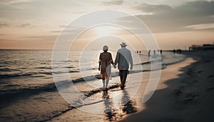 A romantic couple walks on the sand, holding hands at sunset generated by AI