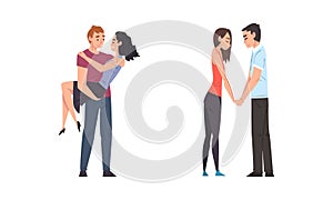 Romantic couples in love. Happy young people holding hands, loving man carrying his woman cartoon vector illustration