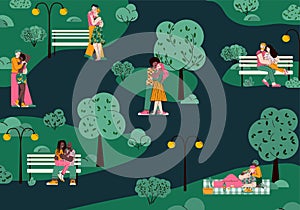 Romantic couples in love hugging in nighty park cartoon vector illustration.