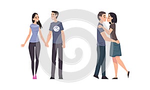 Romantic couples in love set. Happy young people holding hands and hugging cartoon vector illustration