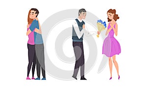 Romantic couples in love set. Happy young people hugging, loving man giving flowers to his girlfriend cartoon vector