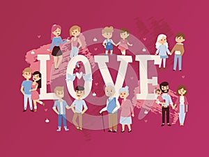 Romantic couples in love, vector illustration. Typography poster, book cover with people of different ages and genders