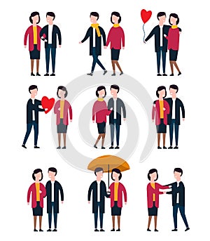 Romantic couples, lover people together. Person character vector set