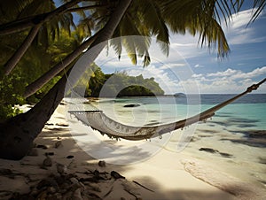 Romantic cozy hammock in the shade of a palm tree on a tropical beach by the sea
