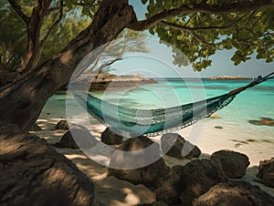 Romantic cozy hammock in the shade of a palm tree on a tropical beach by the sea