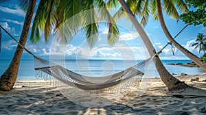 Romantic cozy hammock in the shadow of the palm on the tropical beach by the sea