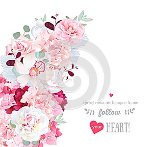 Romantic crescent shape vector frame with pink and red flowers