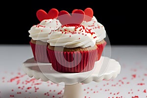 Romantic cupcakes with red heart and sprinkle decoration on frosting