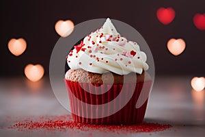 Romantic cupcakes with sprinkle decoration on frosting with heart bokeh lights in backgorund