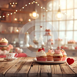 Romantic cupcakes in a traditional patisserie. AI generated illustration.