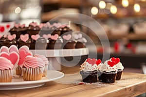 Romantic cupcakes on a wooden table. AI generated illustration.