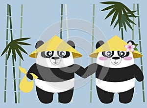 Romantic cute pandas with straw hats holding hands in a bamboo forest