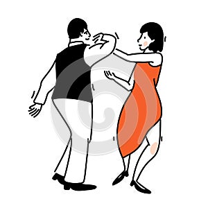 Romantic dance couple. Woman in elegant red dress and men in black vest. Tango illustration, social dancing vector