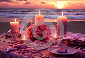 Romantic date on beach at sunset. Dinner for Valentine\'s day. . Summer love, romance date on vacation, honeymoon