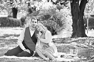 Romantic date. Celebrate love. Vintage style. Couple in love enjoying picnic time and food outdoors. Beautiful people in