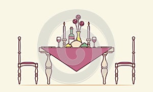 Romantic Date. Dinner Table With Candles. Flat Line Art Style