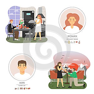 Romantic date and marriage proposal scene set, flat vector illustration.