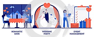 Romantic date, wedding party planning, event management concept with tiny people. Love story vector illustration set. Valentine