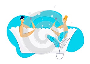 Romantic Dating with Two Lovers in Bath. Happy Couple Relaxing in Bathtub and Drinking Wine. Man and Woman