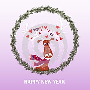 Romantic deer with hearts and loving birds on violet. Typography banner Happy New Year, round fir tree wreath fanny