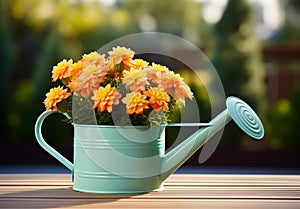 Romantic detail of the watering can with beautiful flowers on a garden bench, to beautify the garden photo